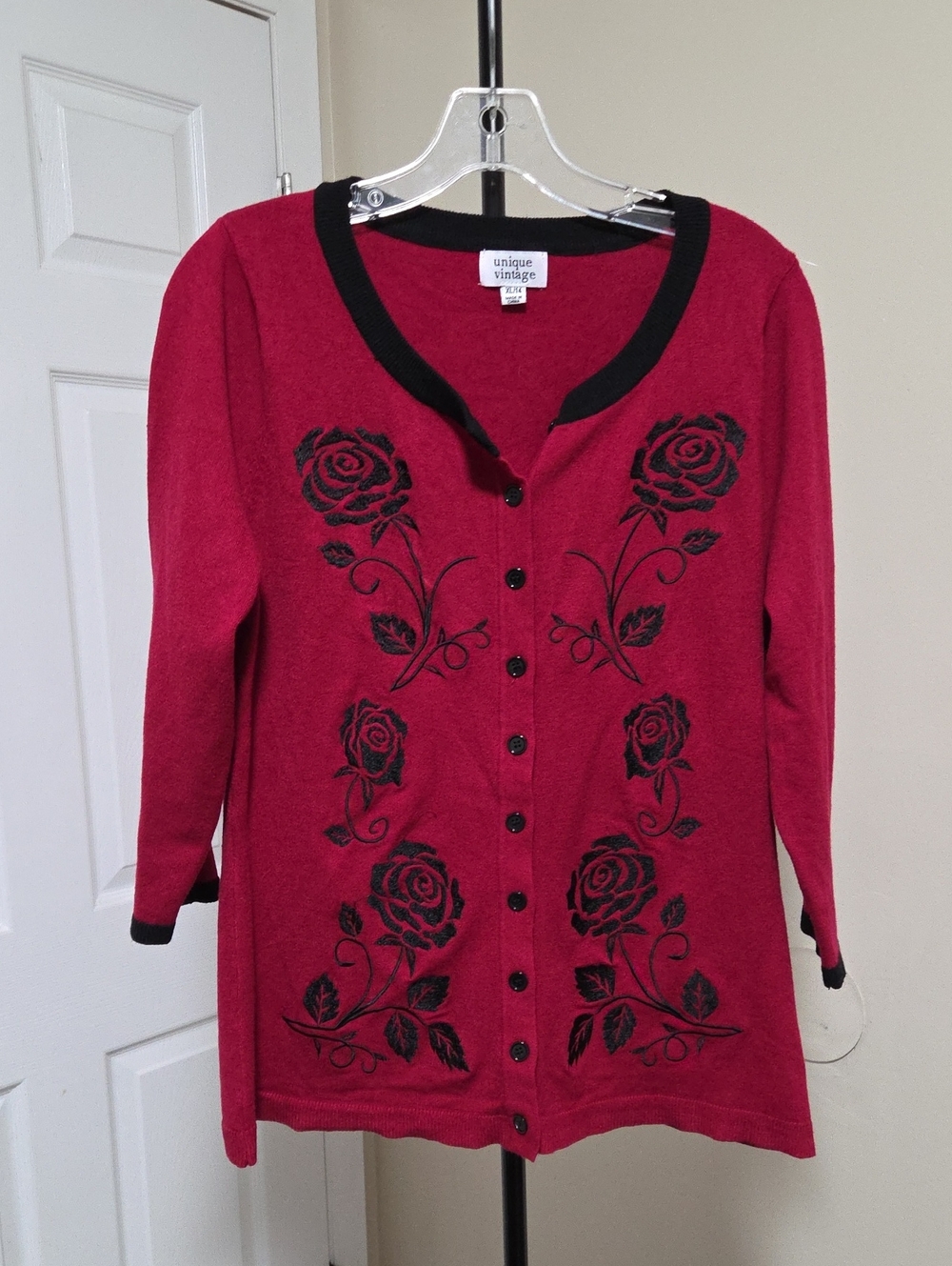 Unique Vintage Women's Red Rose-Embroidered Cardigan Sweater